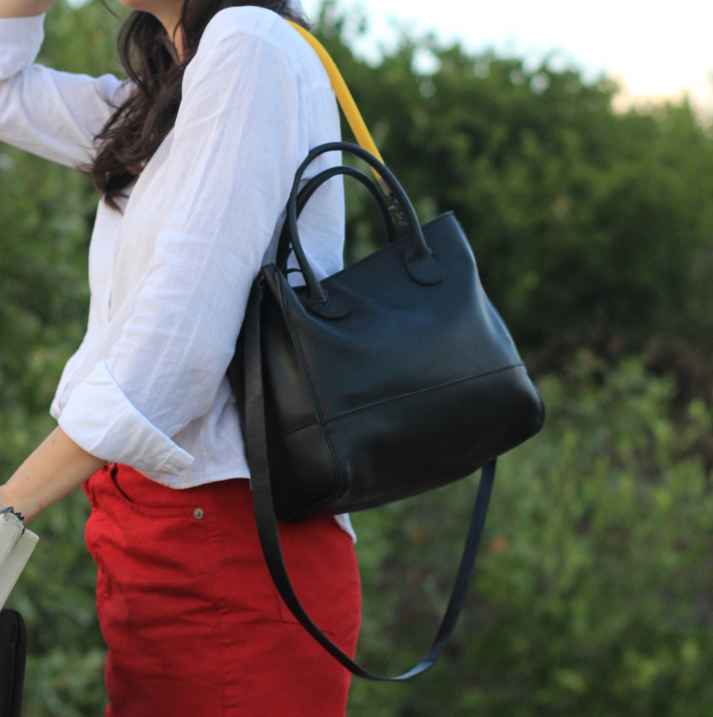The Handbag Leather Black and The Mini Strap Yellow